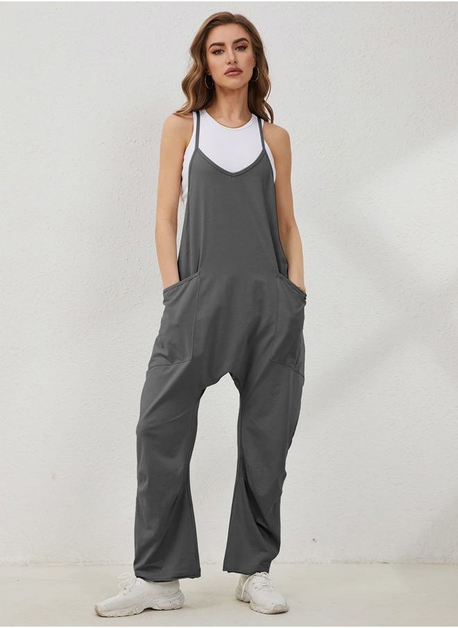 Women's Causal Jumpsuits V Neck Sleeveless Harem Overalls Stretchy Adjustable Strap Romper with Pockets(DarkGrey-XXL)