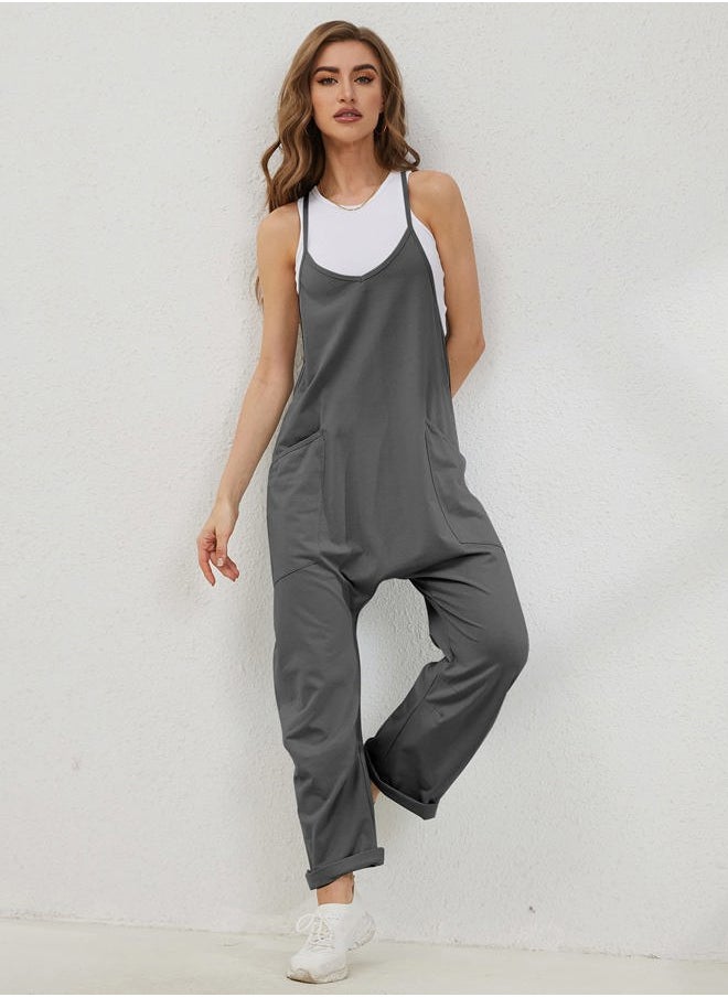 Women's Causal Jumpsuits V Neck Sleeveless Harem Overalls Stretchy Adjustable Strap Romper with Pockets(DarkGrey-XXL)