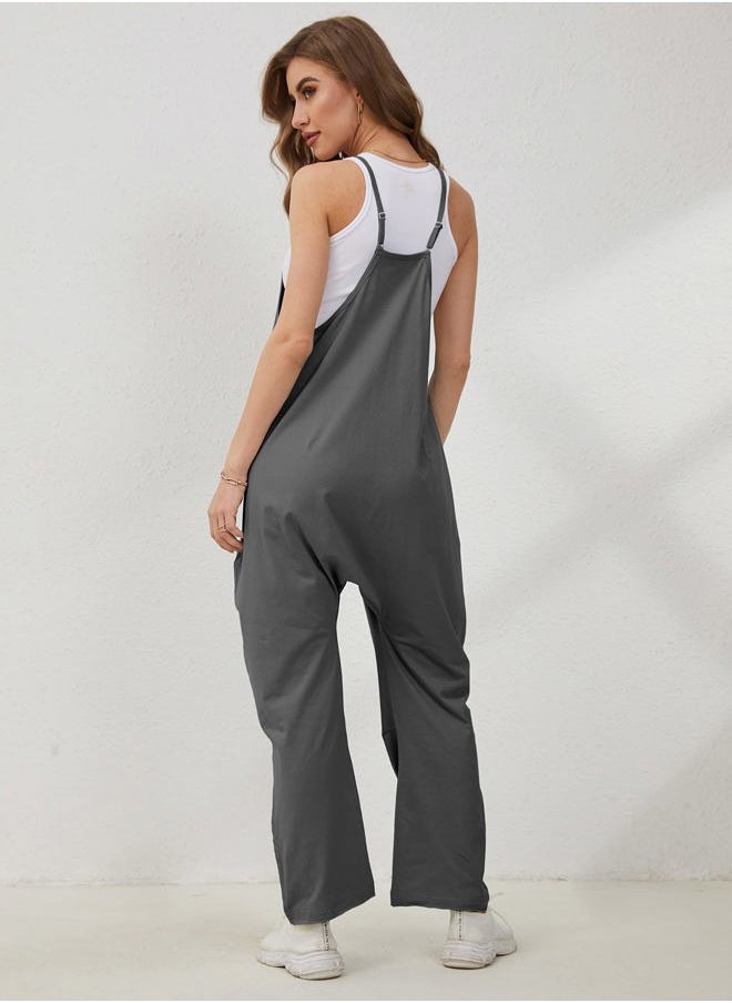 Women's Causal Jumpsuits V Neck Sleeveless Harem Overalls Stretchy Adjustable Strap Romper with Pockets(DarkGrey-XXL)