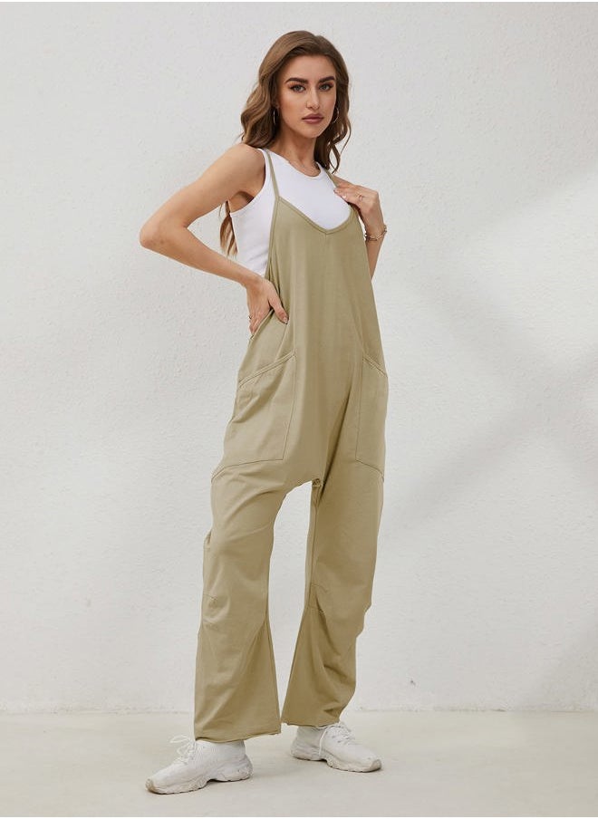 Women's Causal Jumpsuits V Neck Sleeveless Harem Overalls Stretchy Adjustable Strap Romper with Pockets(DarkKhaki-S)