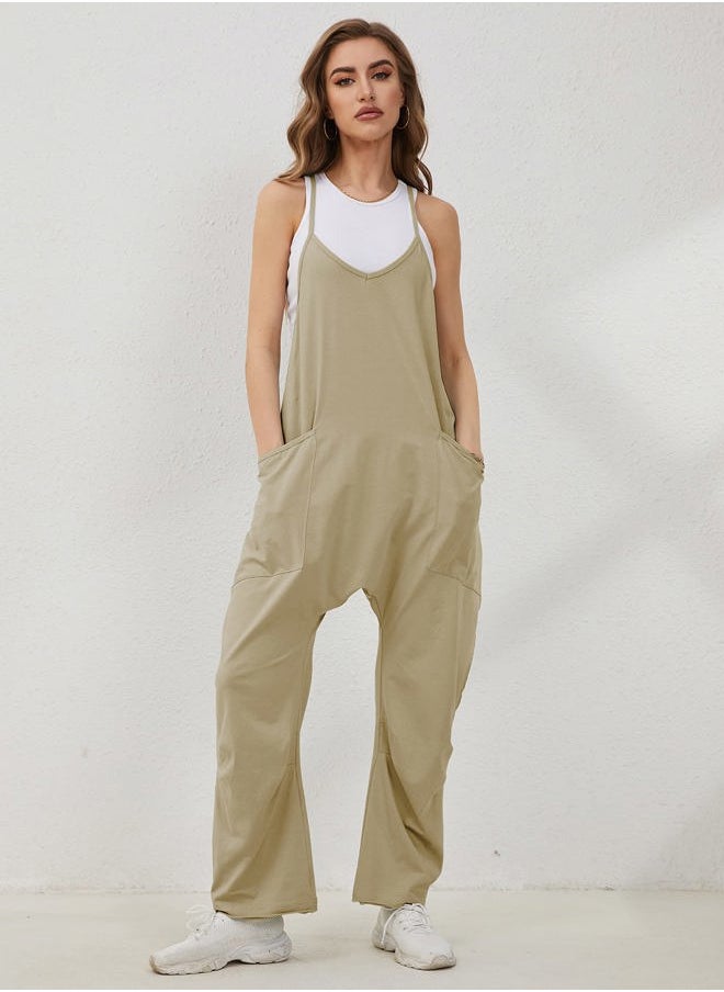 Women's Causal Jumpsuits V Neck Sleeveless Harem Overalls Stretchy Adjustable Strap Romper with Pockets(DarkKhaki-S)