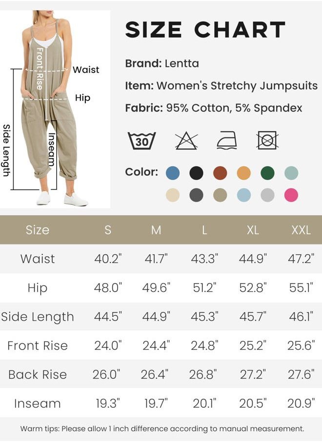 Women's Causal Jumpsuits V Neck Sleeveless Harem Overalls Stretchy Adjustable Strap Romper with Pockets(DarkKhaki-S)