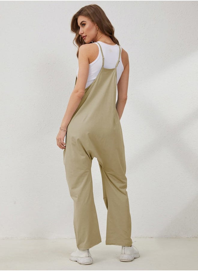 Women's Causal Jumpsuits V Neck Sleeveless Harem Overalls Stretchy Adjustable Strap Romper with Pockets(DarkKhaki-S)