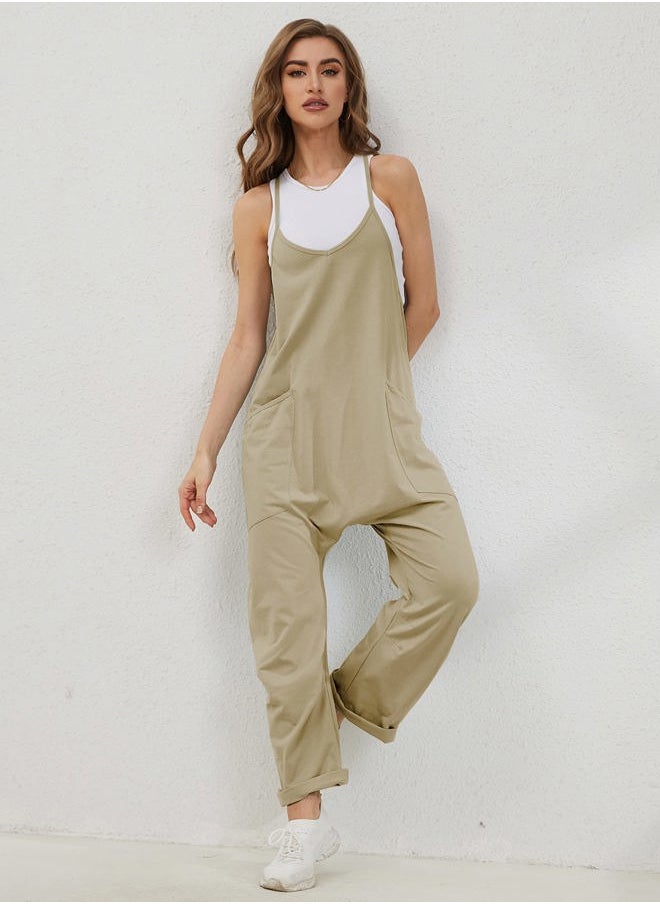 Women's Causal Jumpsuits V Neck Sleeveless Harem Overalls Stretchy Adjustable Strap Romper with Pockets(DarkKhaki-S)