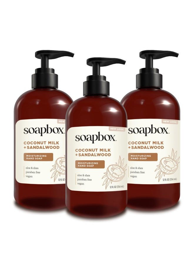 Liquid Hand Soap, Coconut Milk & Sandalwood, Gentle & Moisturizing Hand Wash for Kitchen and Bathroom, Vegan & Cruelty Free Scented Hand Soap 12 Ounce Pump Bottles (Pack of 3)