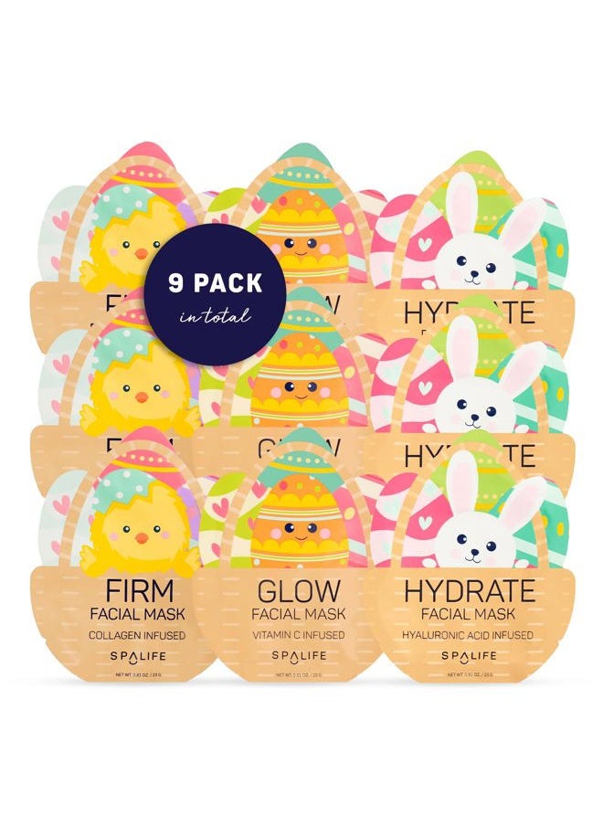Spring & Easter Facial Masks (9Pack) - Hyaluronic Acid, Collagen, Vitamin C Infused - Reduces Dark Circles, Hydrates, Firms Skin - Skin Care Masks for Puffiness, Fine Lines & Wrinkles