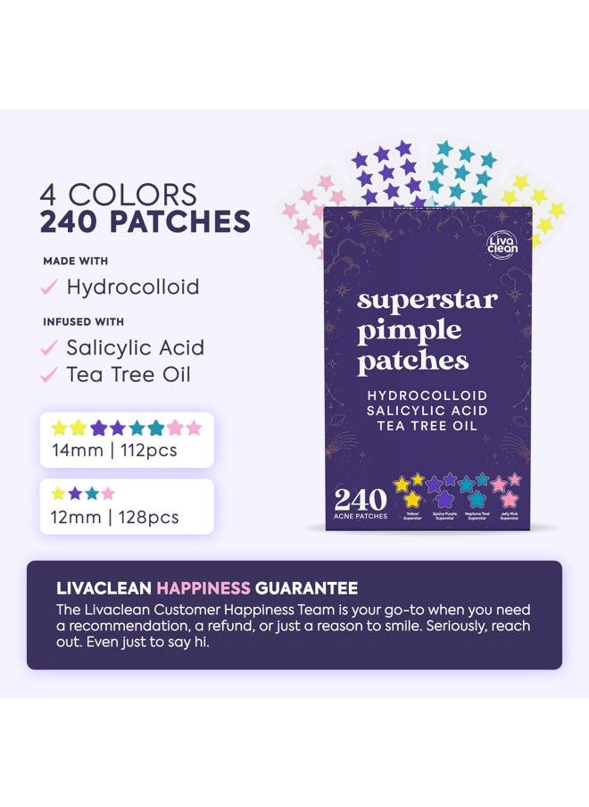 Star Pimple Patches for Face w/Hydrocolloid, Salicylic Acid & Tea Tree, 240 Patches, Hydrocolloid Acne Patch, Cute Star Pimple Patch for Healing Stickers Zit Superstar