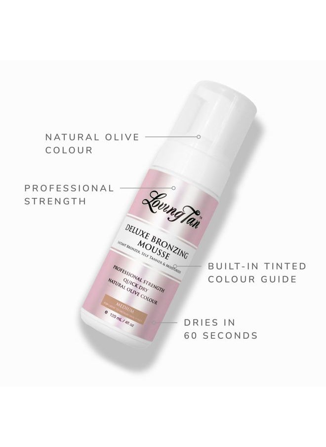 Deluxe Self Tanning Bronzing Mousse, Medium - Streak Free, Professional Quality Sunless Tanning - Up to 5 Self Tanner Applications per Bottle, Cruelty Free, Naturally Derived DHA - 4 FL Oz