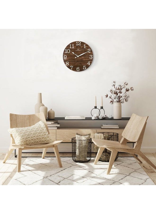 12 Inch Wooden Brown Wall Clock Battery Operated Silent Non Ticking, Farmhouse Decorative Brown Clock for Living Room Decor Kitchen Bedroom Home Office-Version 2.0