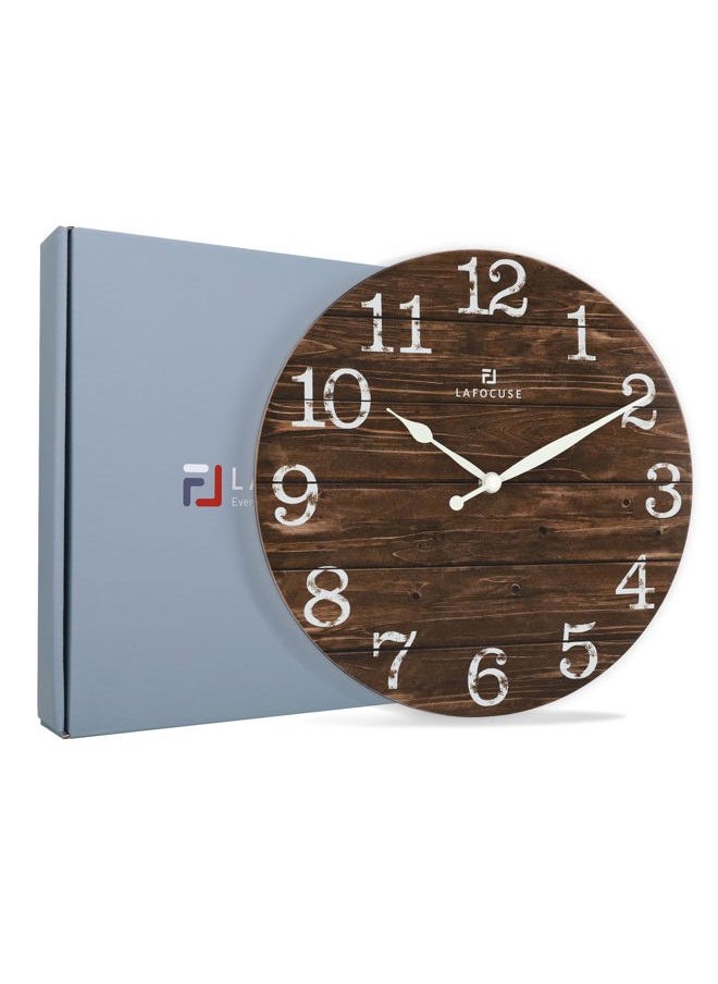 12 Inch Wooden Brown Wall Clock Battery Operated Silent Non Ticking, Farmhouse Decorative Brown Clock for Living Room Decor Kitchen Bedroom Home Office-Version 2.0