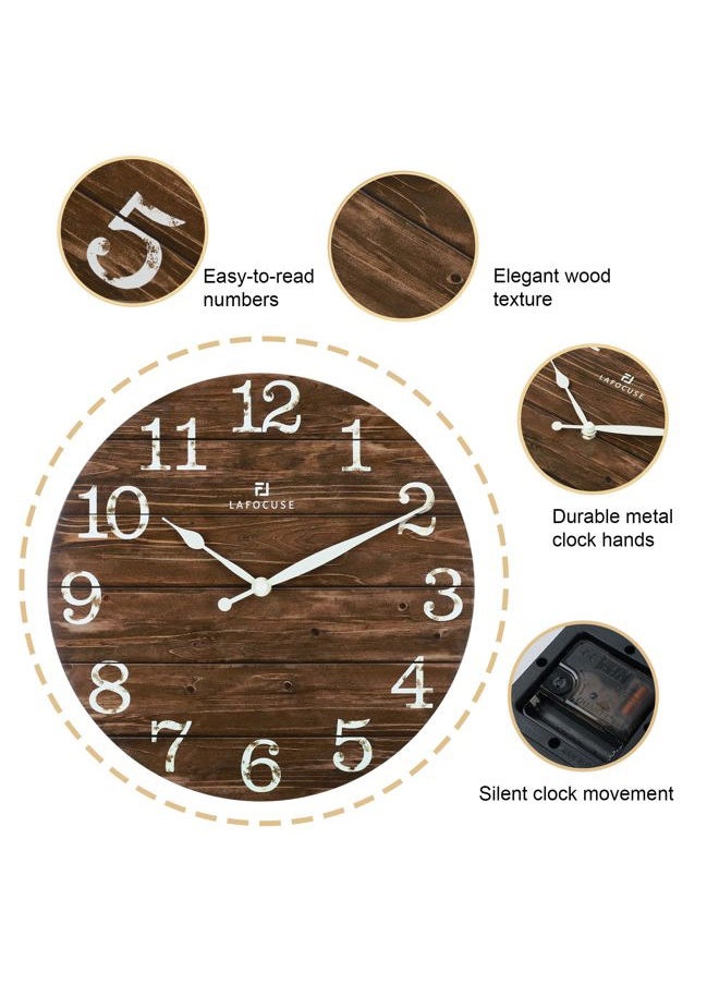 12 Inch Wooden Brown Wall Clock Battery Operated Silent Non Ticking, Farmhouse Decorative Brown Clock for Living Room Decor Kitchen Bedroom Home Office-Version 2.0