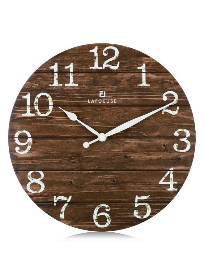 12 Inch Wooden Brown Wall Clock Battery Operated Silent Non Ticking, Farmhouse Decorative Brown Clock for Living Room Decor Kitchen Bedroom Home Office-Version 2.0