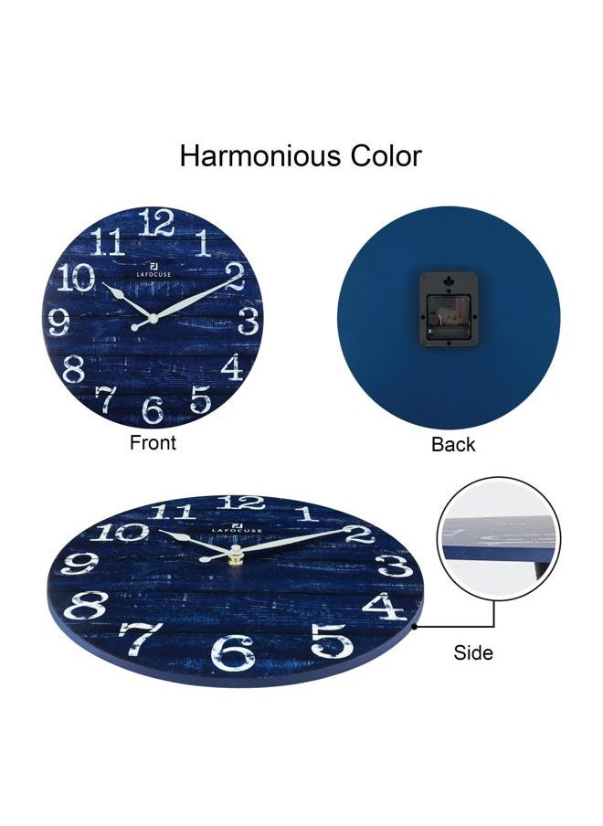 12 Inch Wooden Navy Blue Wall Clock Battery Operated Silent Non Ticking, Farmhouse Decorative Navy Blue Clock for Living Room Decor Kitchen Bedroom Home Office-Version 2.0