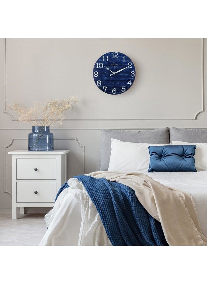 12 Inch Wooden Navy Blue Wall Clock Battery Operated Silent Non Ticking, Farmhouse Decorative Navy Blue Clock for Living Room Decor Kitchen Bedroom Home Office-Version 2.0