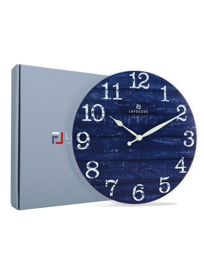 12 Inch Wooden Navy Blue Wall Clock Battery Operated Silent Non Ticking, Farmhouse Decorative Navy Blue Clock for Living Room Decor Kitchen Bedroom Home Office-Version 2.0