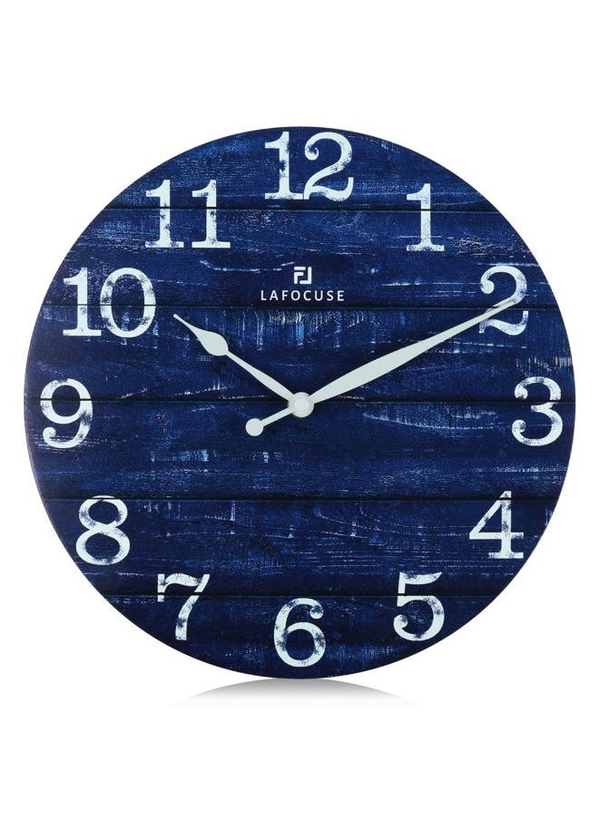 12 Inch Wooden Navy Blue Wall Clock Battery Operated Silent Non Ticking, Farmhouse Decorative Navy Blue Clock for Living Room Decor Kitchen Bedroom Home Office-Version 2.0