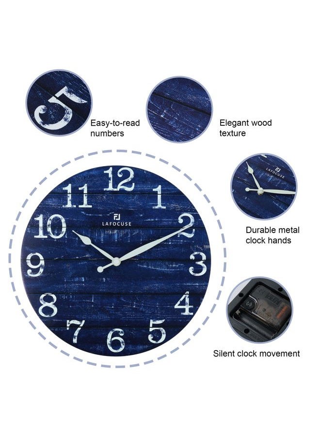 12 Inch Wooden Navy Blue Wall Clock Battery Operated Silent Non Ticking, Farmhouse Decorative Navy Blue Clock for Living Room Decor Kitchen Bedroom Home Office-Version 2.0