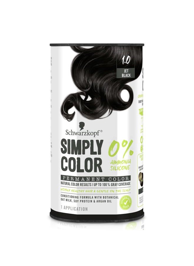 Simply Color Hair Color 1.0 Jet Black, 1 Application - Permanent Hair Dye for Healthy Looking Hair without Ammonia or Silicone, Dermatologist Tested, No PPD & PTD