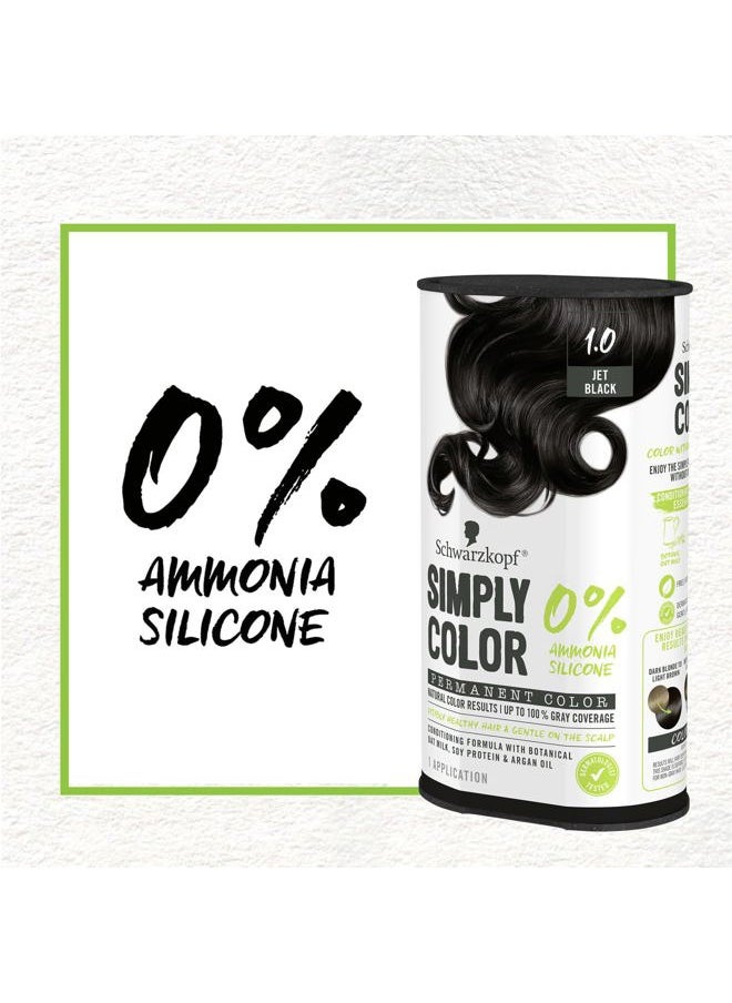 Simply Color Hair Color 1.0 Jet Black, 1 Application - Permanent Hair Dye for Healthy Looking Hair without Ammonia or Silicone, Dermatologist Tested, No PPD & PTD