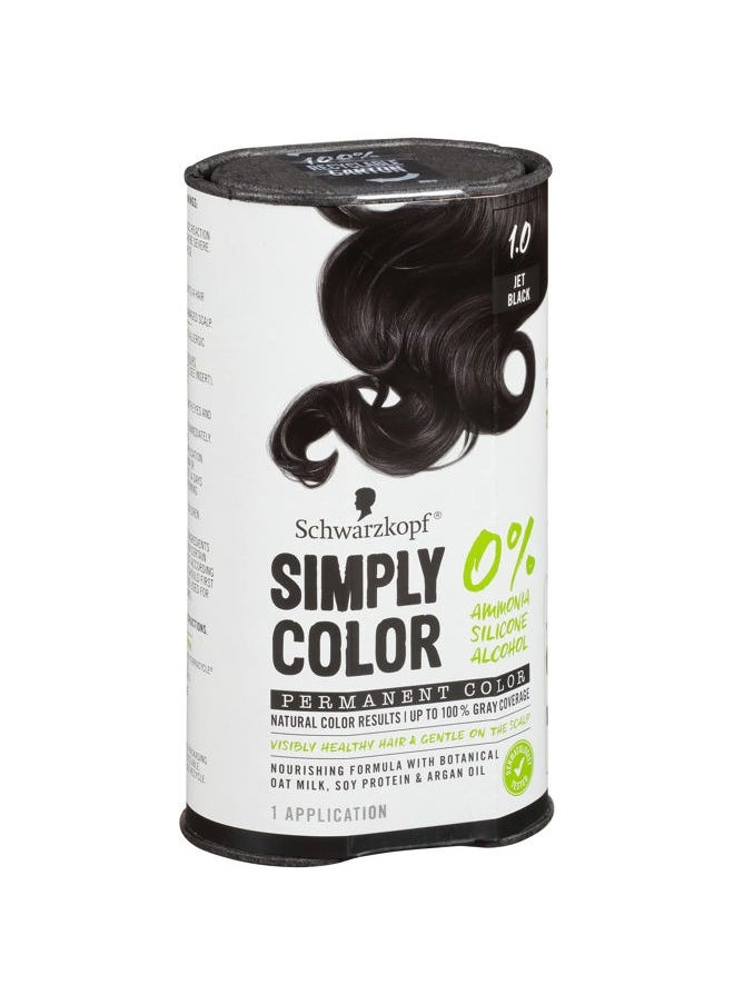 Simply Color Hair Color 1.0 Jet Black, 1 Application - Permanent Hair Dye for Healthy Looking Hair without Ammonia or Silicone, Dermatologist Tested, No PPD & PTD