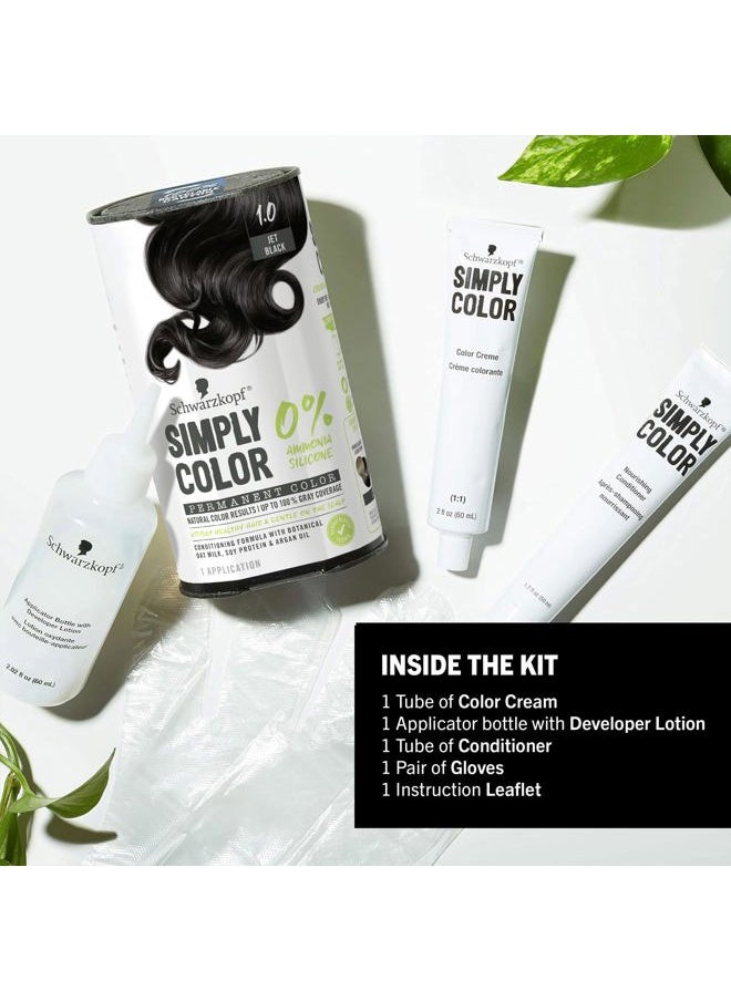 Simply Color Hair Color 1.0 Jet Black, 1 Application - Permanent Hair Dye for Healthy Looking Hair without Ammonia or Silicone, Dermatologist Tested, No PPD & PTD