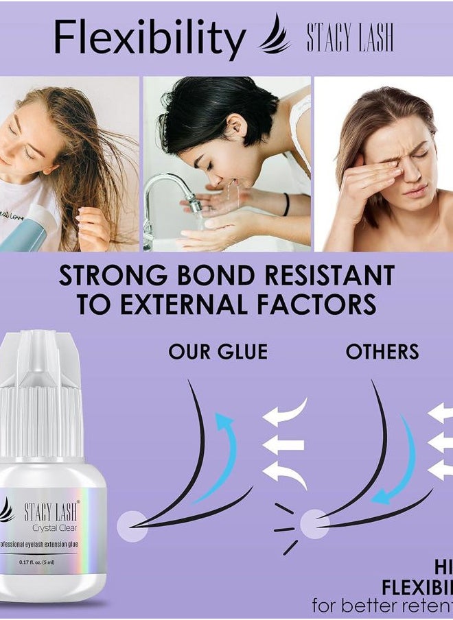 Crystal Clear Eyelash Extension Glue Stacy Lash (0.17fl.oz/5ml)/1 Sec Drying Time/Retention – 8 Weeks/Transparent Adhesive/Professional Supplies
