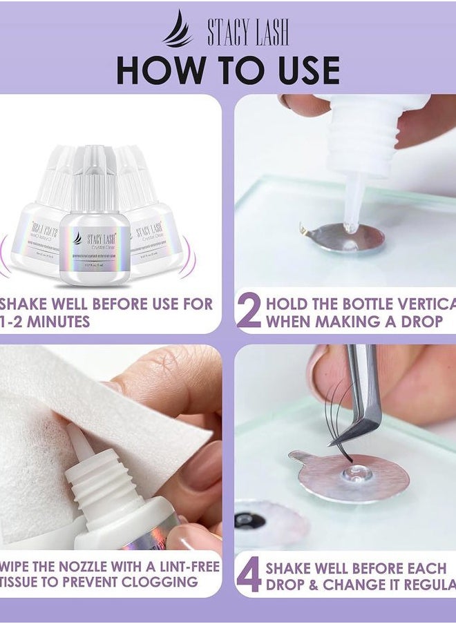 Crystal Clear Eyelash Extension Glue Stacy Lash (0.17fl.oz/5ml)/1 Sec Drying Time/Retention – 8 Weeks/Transparent Adhesive/Professional Supplies