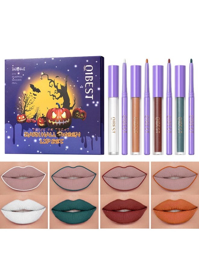 8Pcs Matte Liquid Lipstick and Lip Liner Set White Black Blue Halloween Cosplay Makeup Waterproof Non-Stick Cup Not Fade Liquid Lipliner Lip Gloss Make Up Gift Set (Set B)