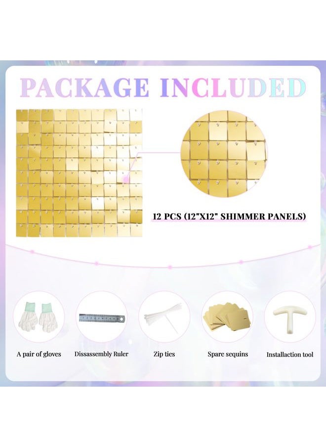 Shimmer Wall Backdrop Light Gold Wall Panels 12Pcs Square Sequin Shimmer Wall Backdrop Decoration for Birthday Party,Wedding, Anniversary