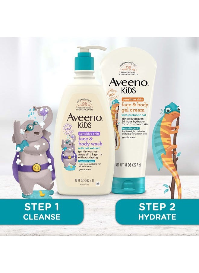 Aveeno Sensitive Skin Face & Body Gel Cream for Kids with Prebiotic Oat, Clinically Proven 24 Hour Hydration for Soft Skin, Quick Drying and Lightweight, Hypoallergenic, 8 oz