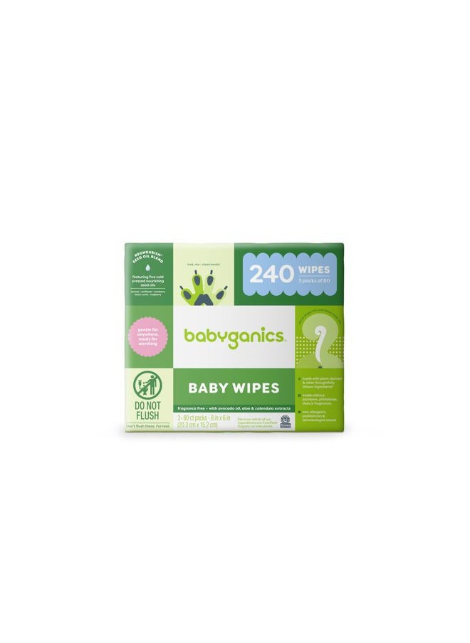Baby Wipes, Unscented Diaper Wipes, 240 Count, (3 Packs of 80), Non-Allergenic and formulated with Plant Derived Ingredients