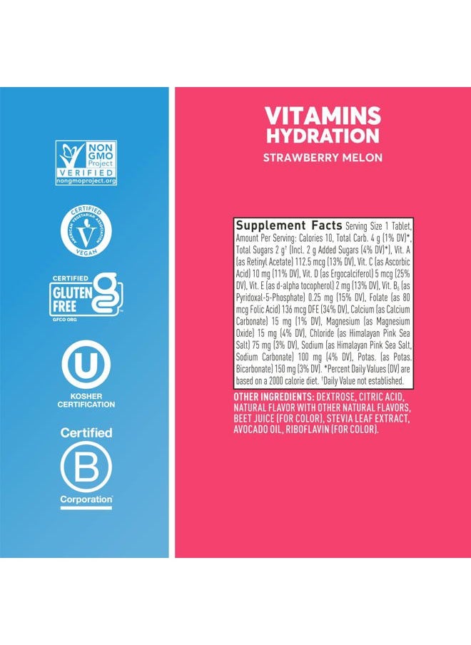 Vitamins Electrolyte Tablets with Vitamin D, C, E, A, & B6, Folic Acid, Magnesium & 4 Other Essential Electrolytes, Gluten Free & Vegan, Strawberry Melon, 8 Pack (96 Servings Total)