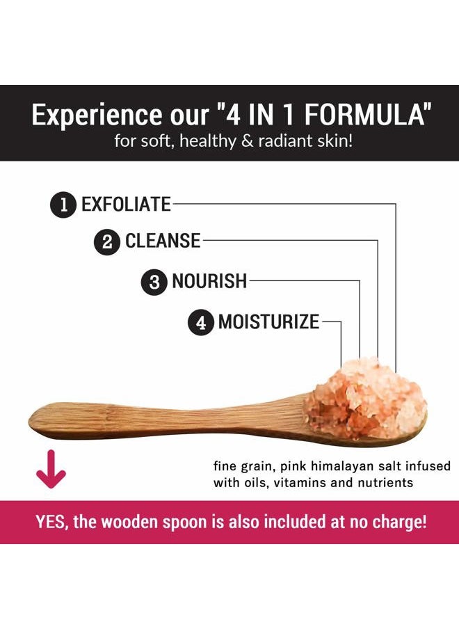 Premium Pink Himalayan Salt Body Scrub Set - Large 16oz VANILLA SCRUB, Organic Essential Oils & Nutrients INCLUDES Wooden Stirring Spoon, Loofah & Mini Exfoliating Bar Soap