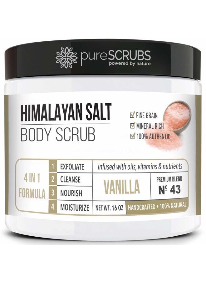 Premium Pink Himalayan Salt Body Scrub Set - Large 16oz VANILLA SCRUB, Organic Essential Oils & Nutrients INCLUDES Wooden Stirring Spoon, Loofah & Mini Exfoliating Bar Soap