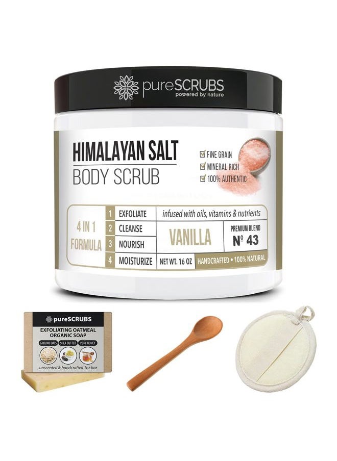 Premium Pink Himalayan Salt Body Scrub Set - Large 16oz VANILLA SCRUB, Organic Essential Oils & Nutrients INCLUDES Wooden Stirring Spoon, Loofah & Mini Exfoliating Bar Soap