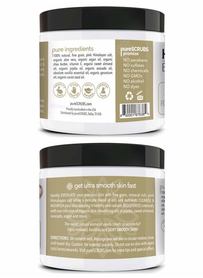 Premium Pink Himalayan Salt Body Scrub Set - Large 16oz VANILLA SCRUB, Organic Essential Oils & Nutrients INCLUDES Wooden Stirring Spoon, Loofah & Mini Exfoliating Bar Soap