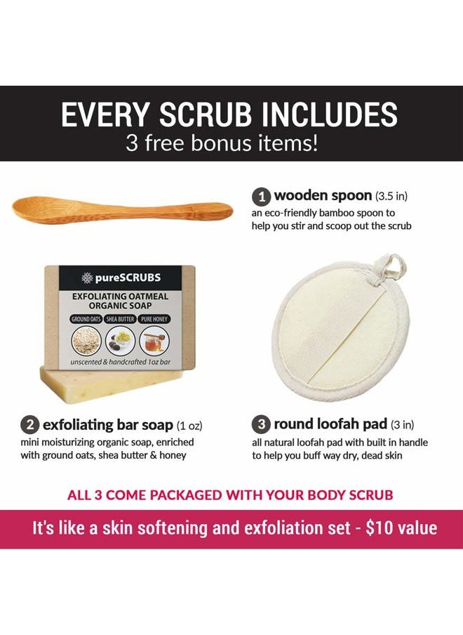 Premium Pink Himalayan Salt Body Scrub Set - Large 16oz VANILLA SCRUB, Organic Essential Oils & Nutrients INCLUDES Wooden Stirring Spoon, Loofah & Mini Exfoliating Bar Soap