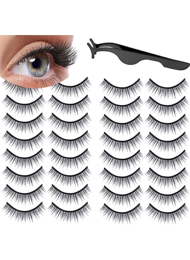 16 Pair Reusable Self Adhesive Eyelashes Waterproof Stable False Lashes Self Stick Easy to Apply False Eyelashes with Tweezers for Women Natural No Eyeliner Look, Black(Natural Style)