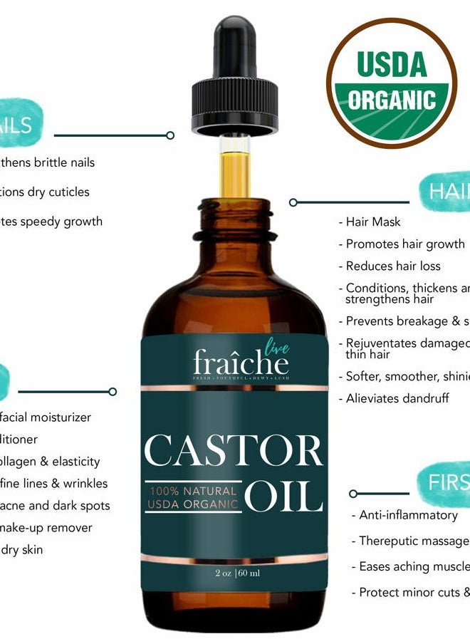 Organic Castor Oil (2oz) + FREE Lash Mascara Kit - USDA Approved Pure Cold Pressed Natural Hair & Eyebrow Growth Treatment - Live Fraiche