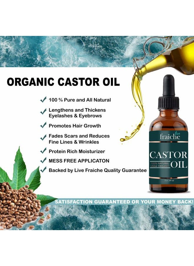 Organic Castor Oil (2oz) + FREE Lash Mascara Kit - USDA Approved Pure Cold Pressed Natural Hair & Eyebrow Growth Treatment - Live Fraiche