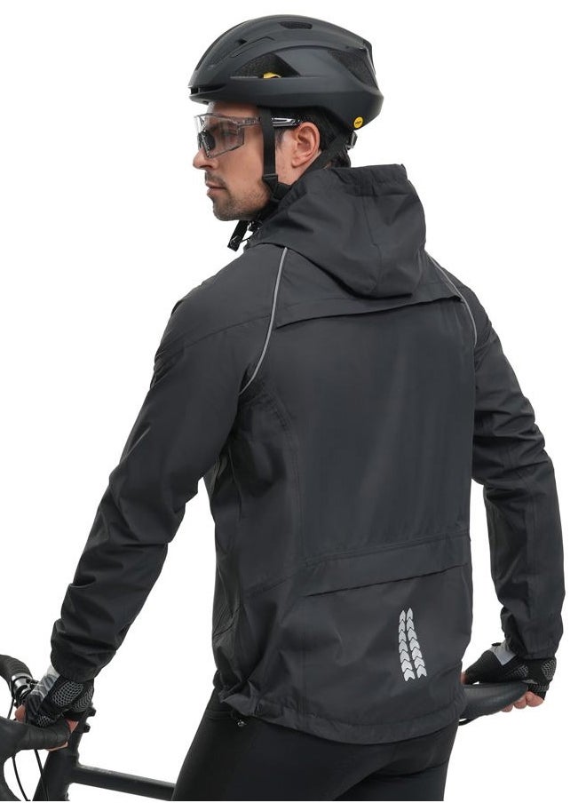 Men's Cycling Rain Jacket Waterproof Cycling Windbreaker Bike Bicycle Jacket Running Hood Rain Coat black Size Medium