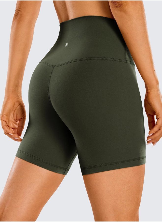 Womens ButterLuxe Biker Shorts 6 Inches - High Waisted Workout Running Volleyball Spandex Yoga Olive Green Large