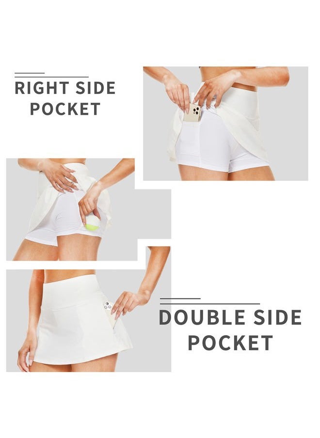 Sarfort Tennis Skirt Women Golf Skort High Waisted Athletic Workout Sports Skirts Shorts Back Pleated Running Pockets, White, XL