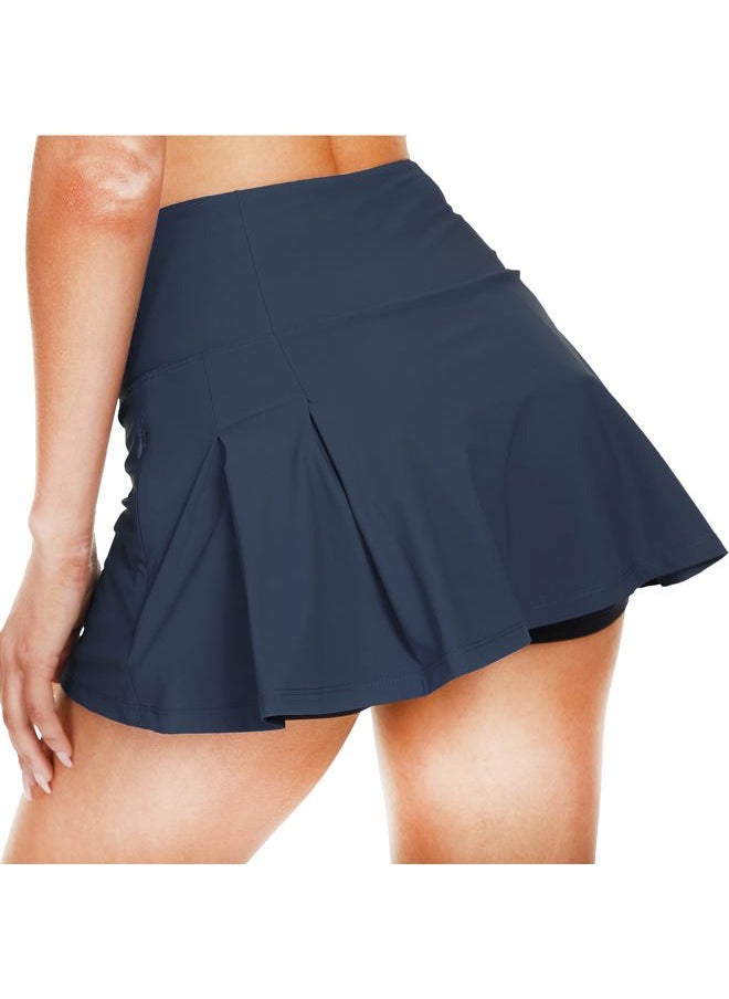 Sarfort Tennis Skirt Women Golf Skort High Waisted Athletic Workout Sports Skirts Shorts Back Pleated Running Pockets, Navy Blue, XXL