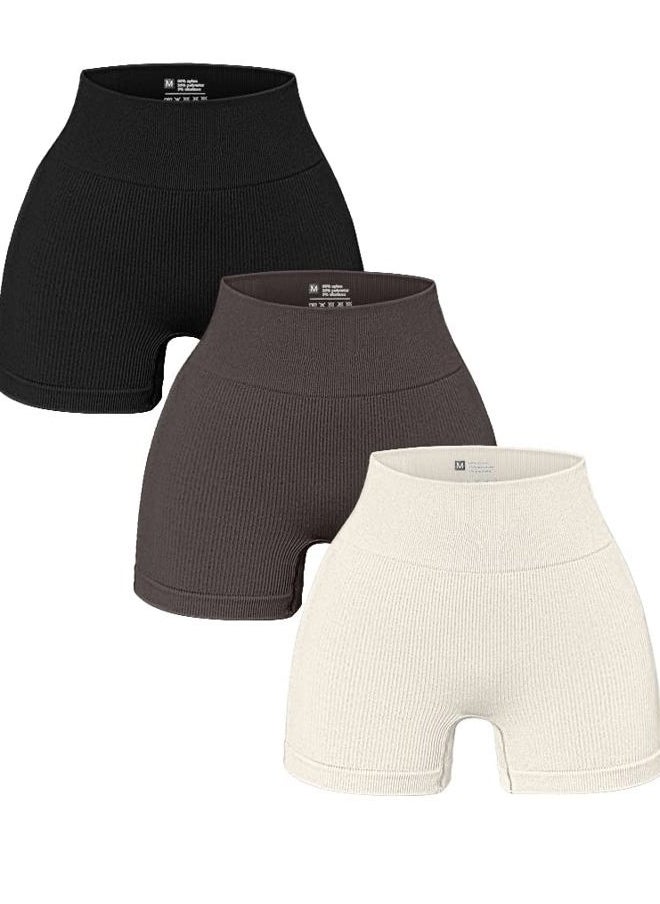 Women's 3 Piece Yoga Shorts Ribbed Seamless Workout High Waist Athletic Leggings Black Tea Leaf Beige
