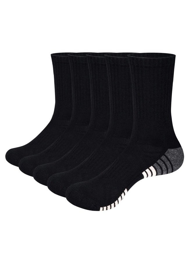 Mens Cushioned Black Cotton Crew Socks For Men Size 9-11, Moisture Wicking Casual Work Everyday Gym Golf Training Athletic Socks, 5 Pairs