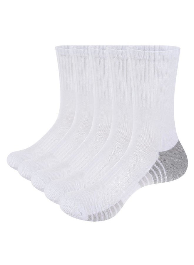 Mens White Cushioned Cotton Crew Socks For Men Size 9-11, Moisture Wicking Casual Work Everyday Gym Golf Training Athletic Socks, 5 Pairs