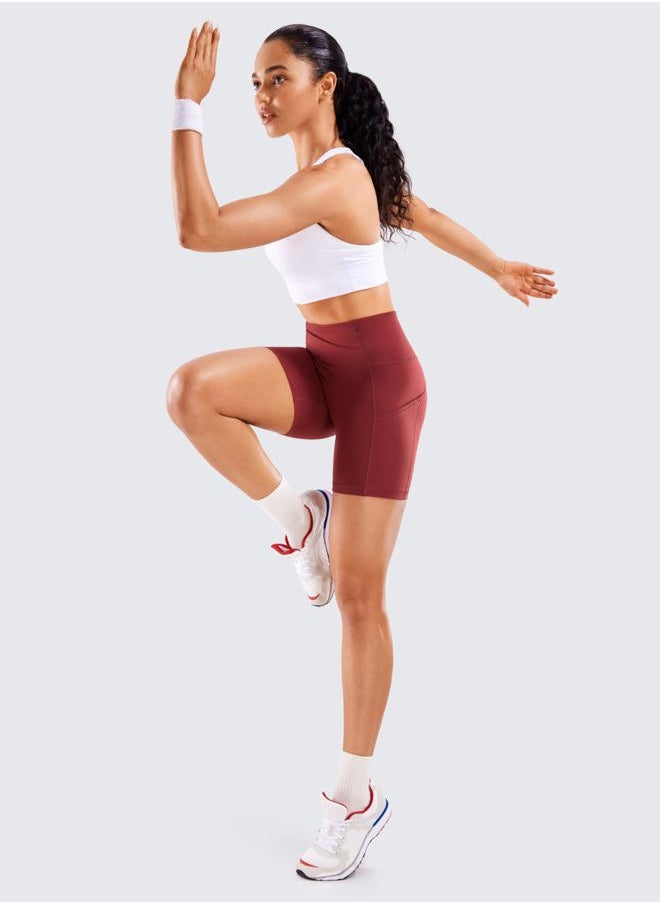 Women's Naked Feeling Light Running Shorts with Pockets 6'' - High Waisted Compression Gym Biker Shorts Deep Wine Small