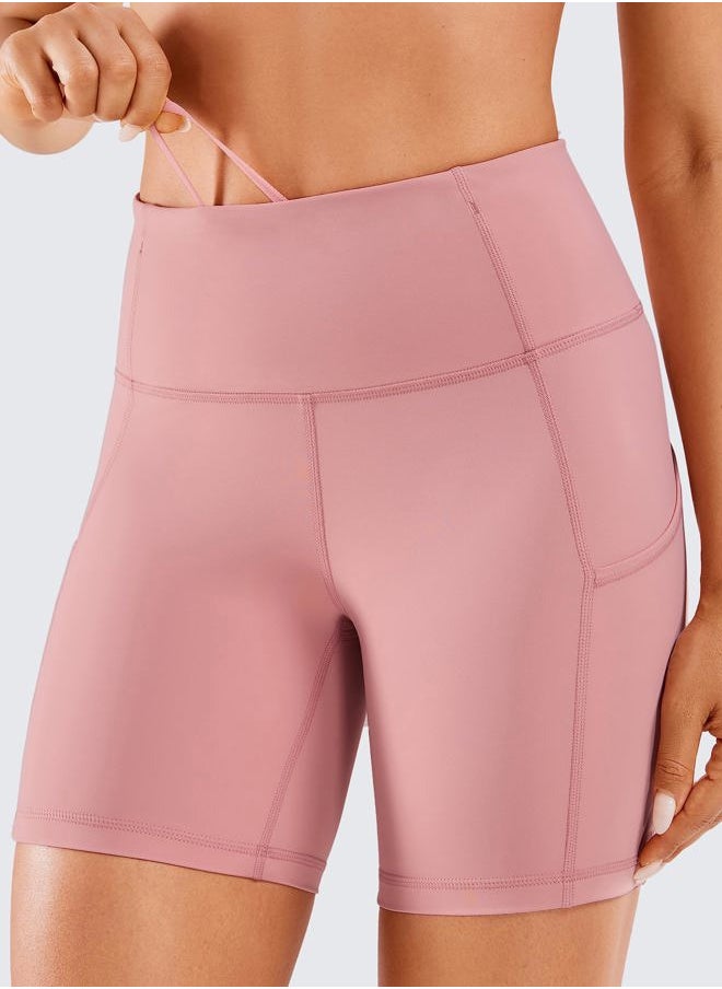 Women's Naked Feeling Light Running Shorts 6 Inches - High Waisted Gym Biker Compression Shorts with Pockets Pink Puff X-Small