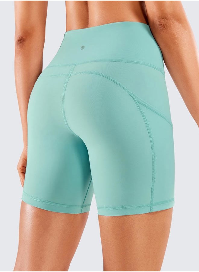 Women's Naked Feeling Light Running Shorts 6 Inches - High Waisted Gym Biker Compression Shorts with Pockets Oasis Large